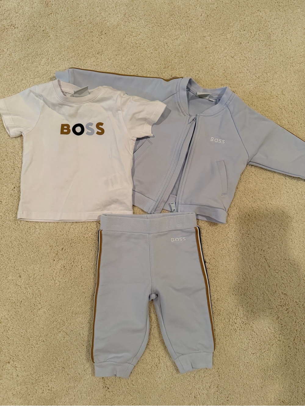 Boss Kids 3-Piece Set in White and Light Blue with Gold Trim